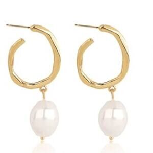 Gold Ruffled Hoop Earrings with Pearl Charm